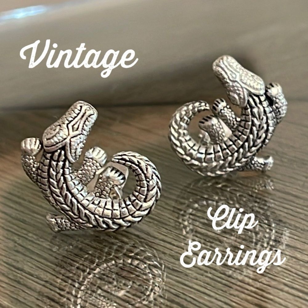 Vintage Oxidized Silver-tone Metal Alligator - Crocodile Clip Earrings